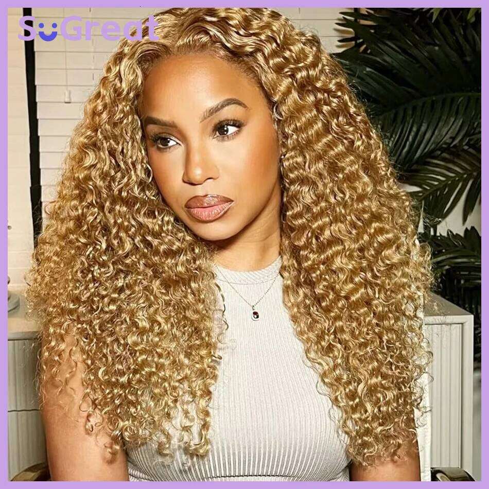 200% Density Front 13X6 27 Deep Wave Honey Blonde HD Lace Frontal Curly Wigs For Women Human Hair Wig sale