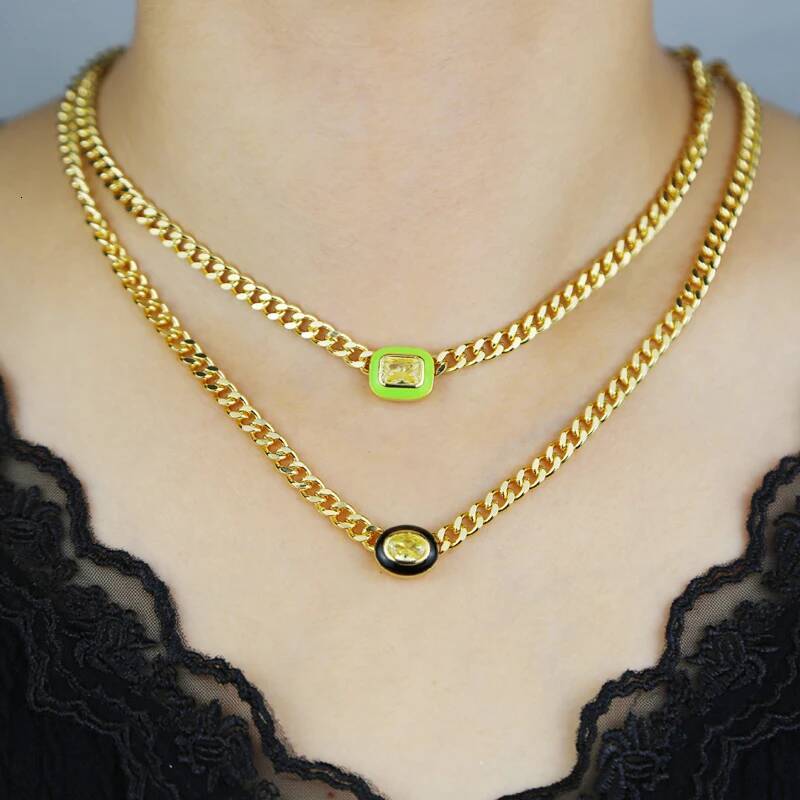 Neon Enamel Pink Heart Rectangle Charm Necklace Bling Colorful Geometric CZ Beaded Tennis Cuban Chain Fashion Women Jewelry