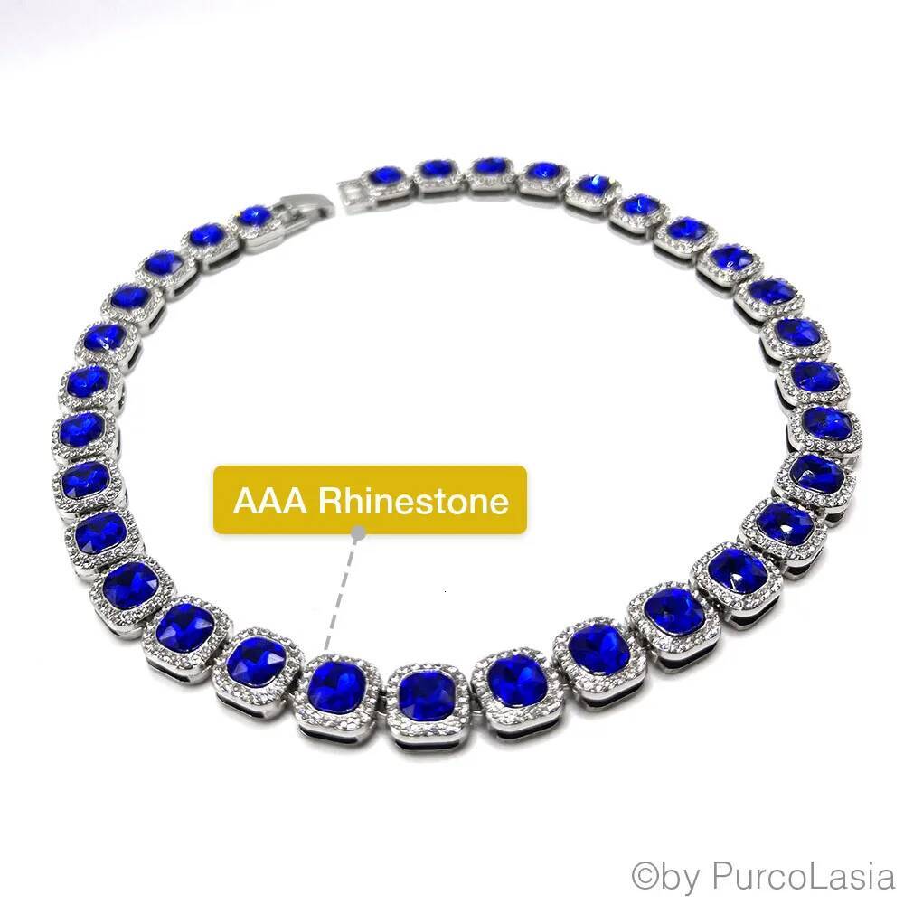 Fashion Royal Blue Women Men Tennis Cuban Chain Necklace Link Hip Hop Square Bling AAA Rhinestone Glass Jewelry