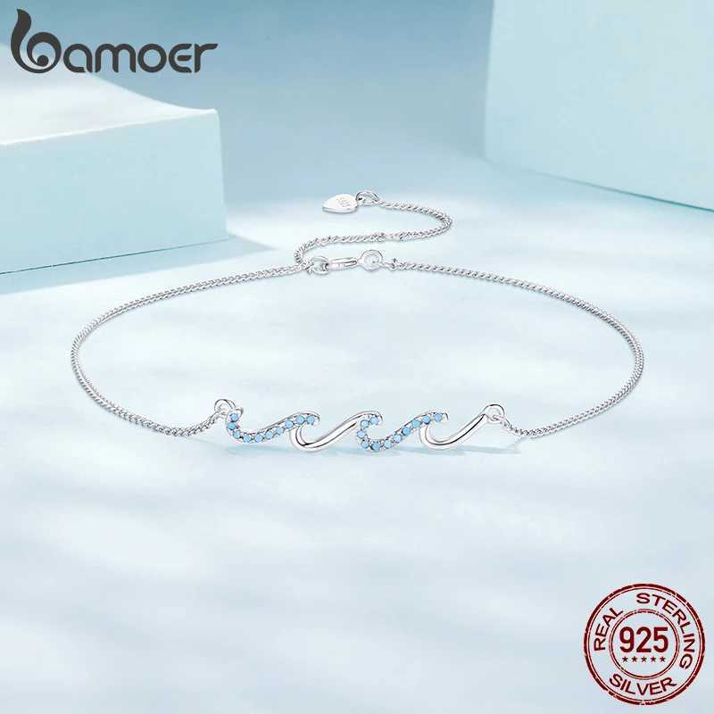 BAMOER 925 Sterling Silver Blue Sea Wave Charm Anklet for Women Gold Plated Beach Jewelry Trendy Best Friend Gift W250604