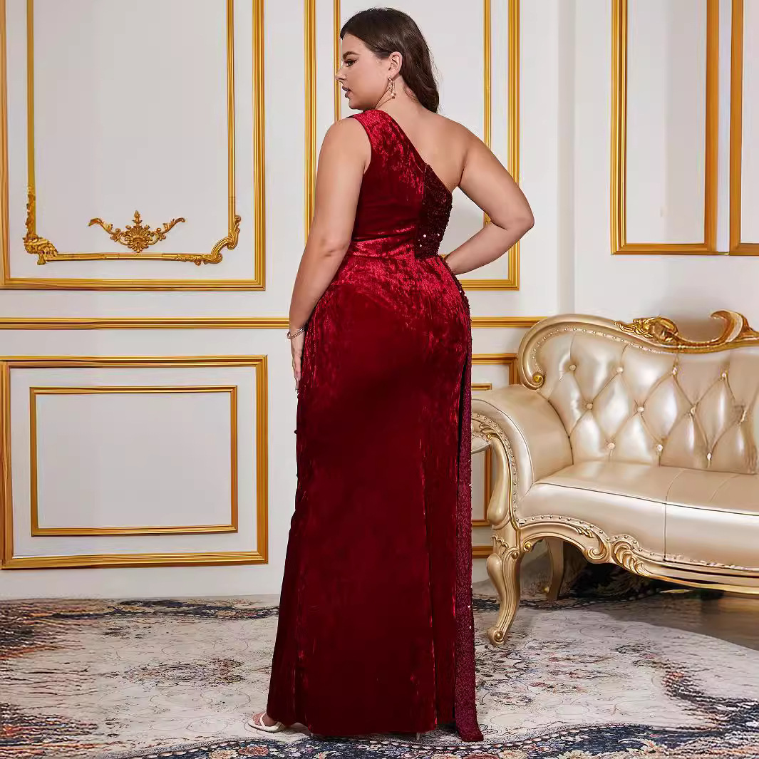 New Solid Color Sexy Single Shoulder Sparkle Dress for Plus Size Ladies