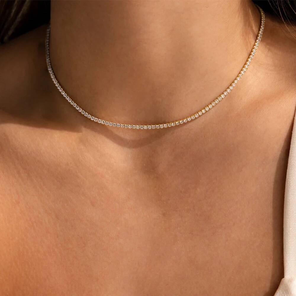 2mm D Color Moissanite Tennis Choker Necklace For Women S Sier Gold Plated Adjustable Necklaces Chain Wedding Jewelry