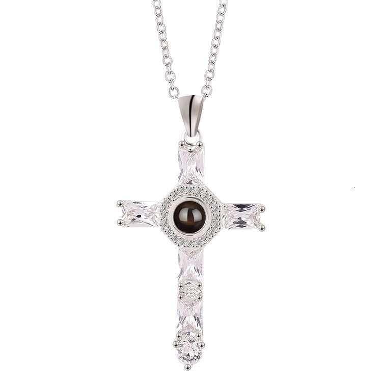 K011 Hot Sale Christian Moissanite Cross Pendant Necklace Men's Religious Language Projection Necklace