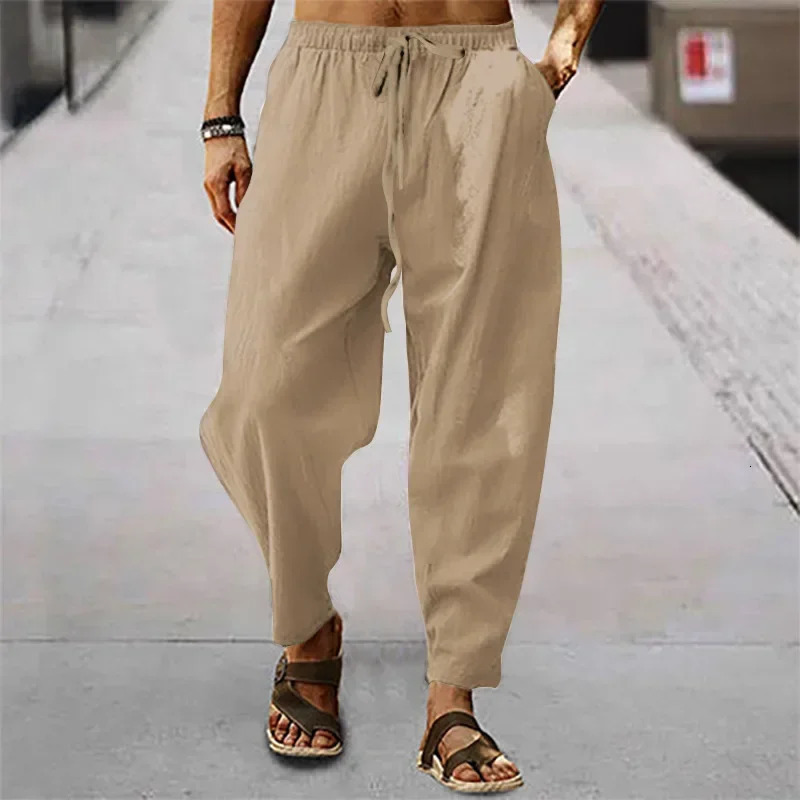 2025 Men Cotton Linen Pants Summer and Autumn Solid High Waist Wide-Leg Trousers Male Loose Hemp Casual Breathable Sports Pants 250604