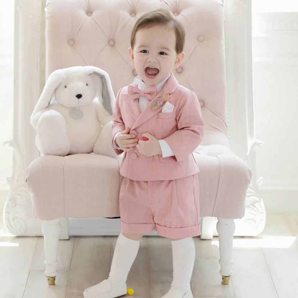 Pink Boys Suit For Weddings Birthday Little Boy Gentleman Outfit Formal Suits Children Coat Strap Shorts Bow Tie Clothes Set 250530