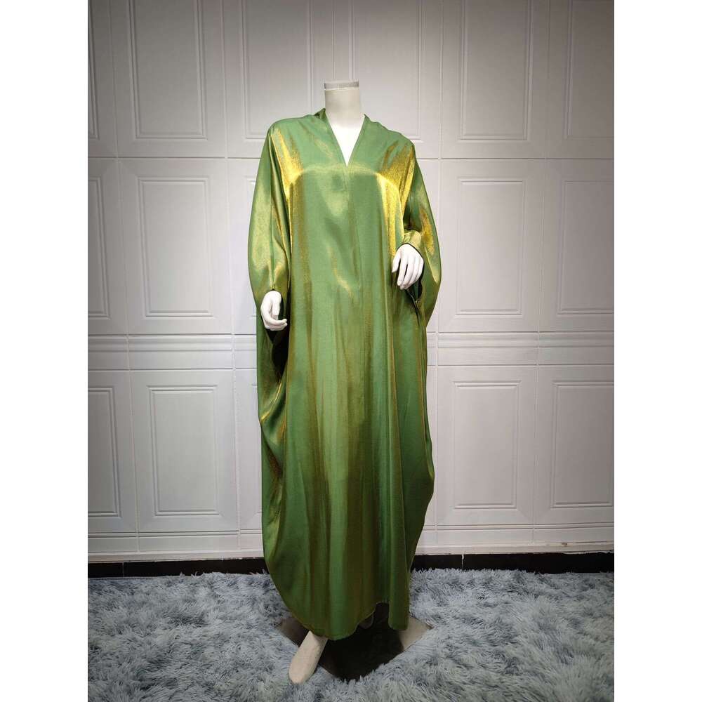 Mq049 Modest Muslim Fashion Shiny Satin Solid Color Batwing Sleeve Long Robe Plus Size Women's Clothing B5