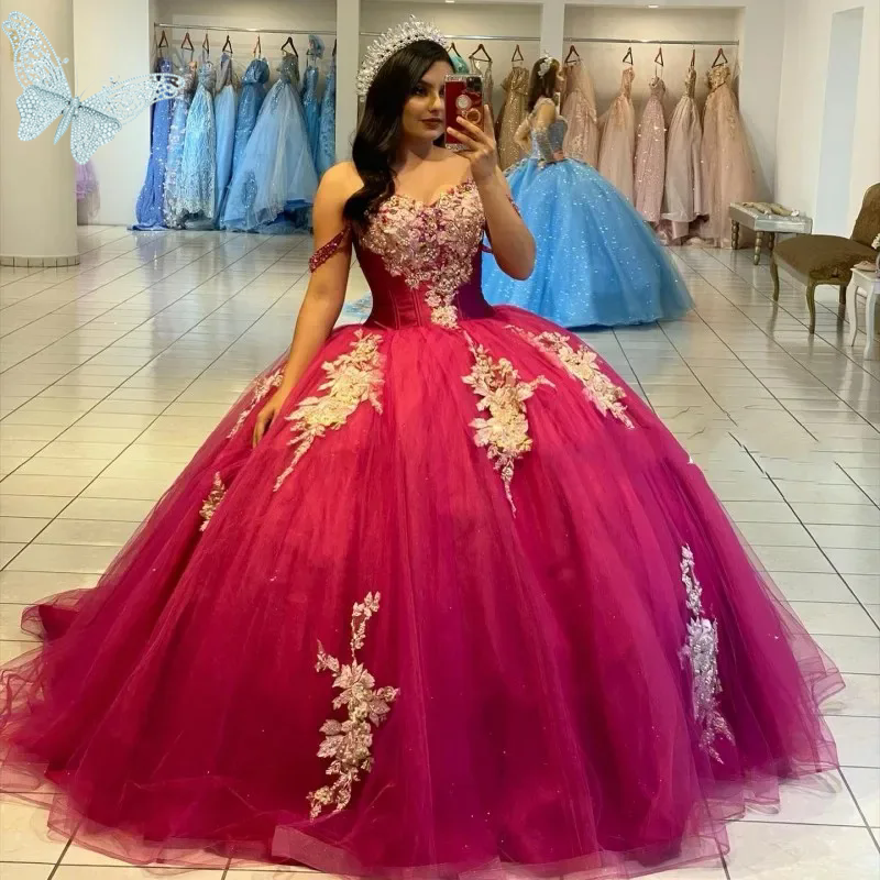 Luxury Giltter Red Vestidos De Quinceanera Dresses 2025 Off The Shoulder Sequin Plus Size Rufflwa Princess Prom Party Gowns 06