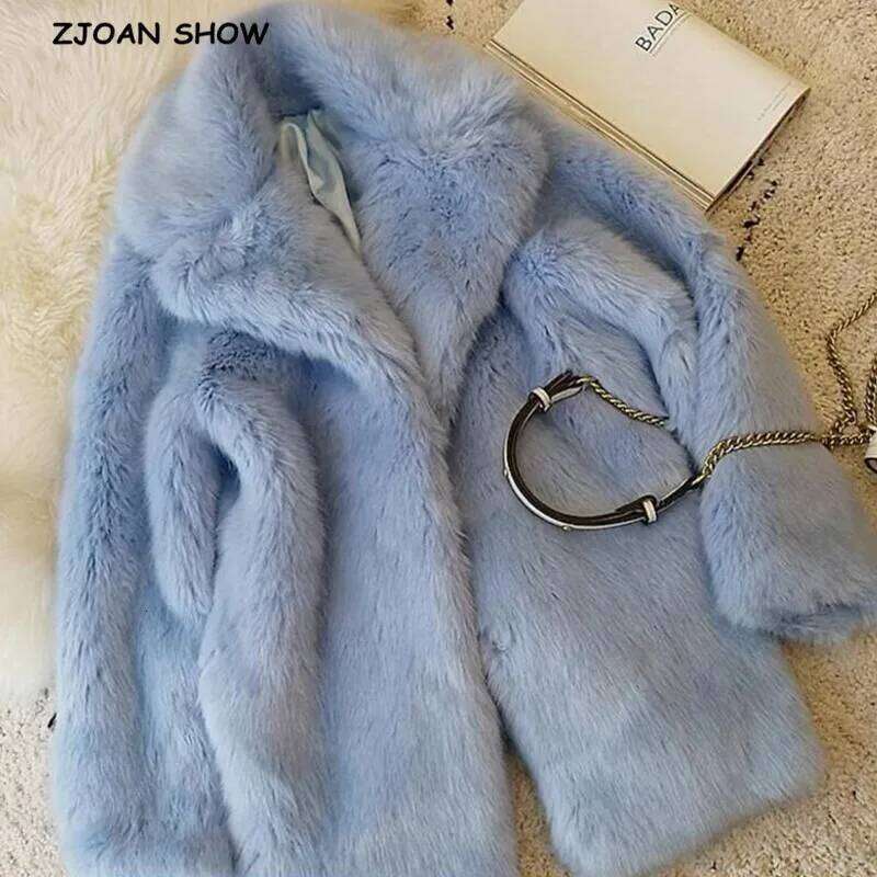 HIGH QUALITY Winter Lapel Hairy Shaggy Jacket Aqua blue Vintage sleeve Furry Faux Fur Coat Mid Long Outerwear