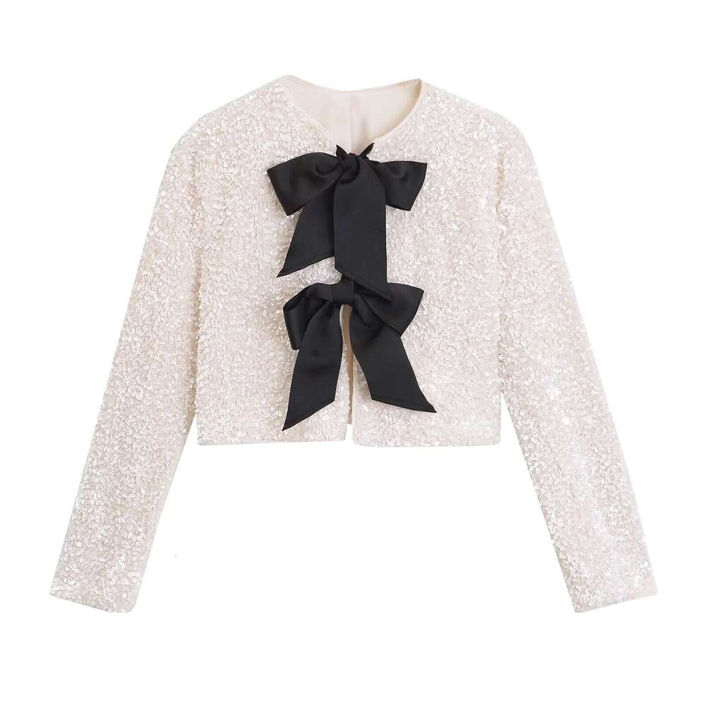 Women's Fashion Spring New V-Neck Bowknot Decor Party Sequin Short Jacket Coat B5