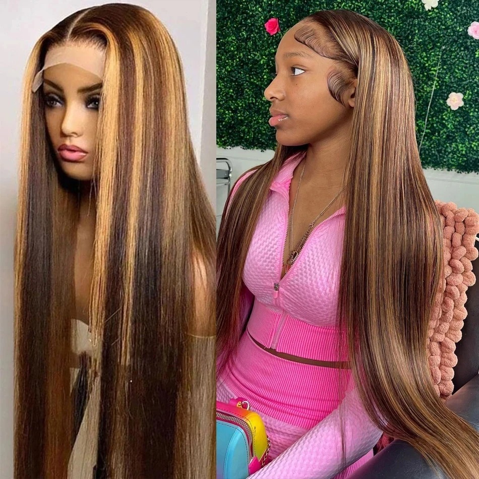 36 Inch Lace Front Wig Human Hair Ombre Highlight 13x6 HD Transparent Straight Lace Front Wigs Pre Plucked 250% Density Synthetic