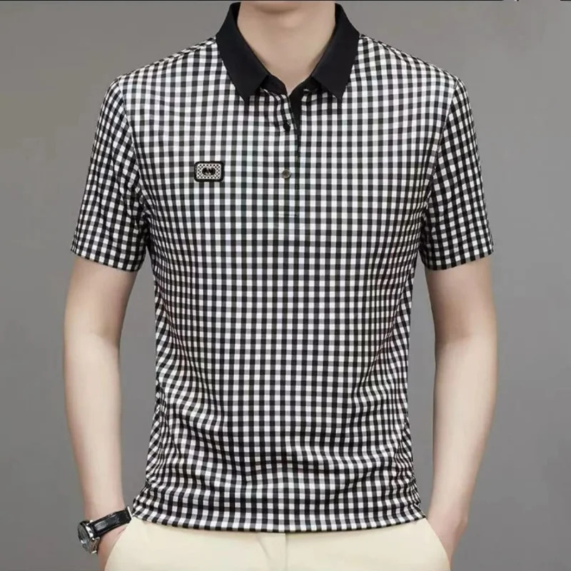 Summer Men Plaid Short Sleeve Polo Shirt Koreon Basic Streetwear Fashion Male Clothes Business Social Casual Loose Tops 2023 250604Z