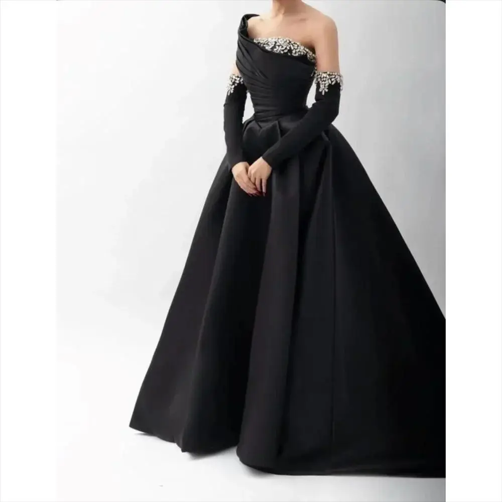 Rhinestones Beaded One Shoulder Gala Prom Dresses A-Line Black Satin Evening Gown With Removable Sleeves Formal Occasion Dress For Women