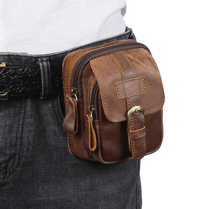 New Vintage Mens Cow Leather Waist Bag Male Outdoor Sports Waist Packs For Men Wear Resistant Mobile Phone BagW250604