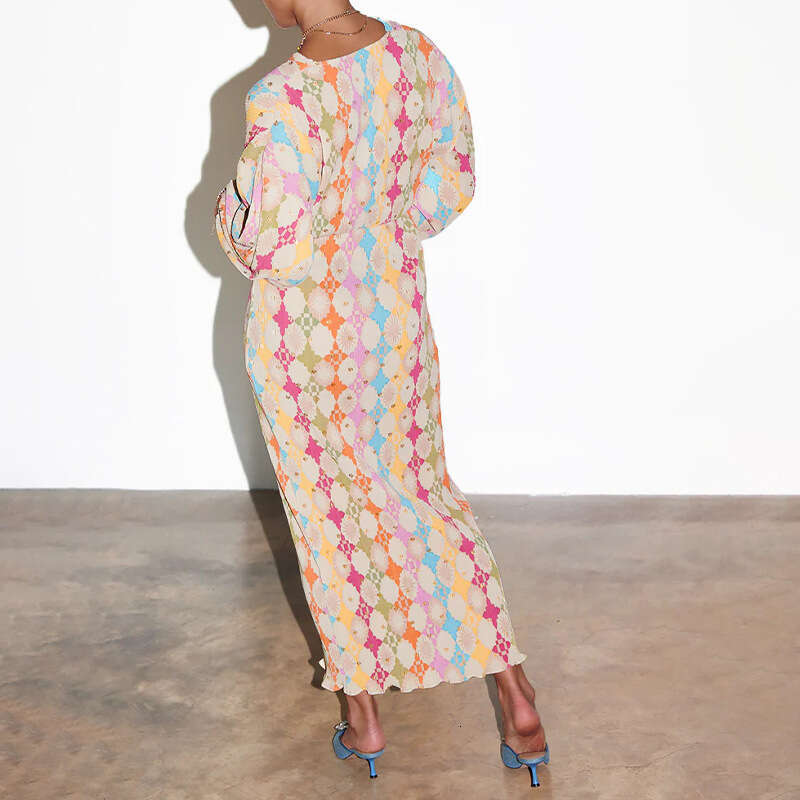 Women's Elegant Printed V-Neck Lantern Sleeve A-Line Dress B5