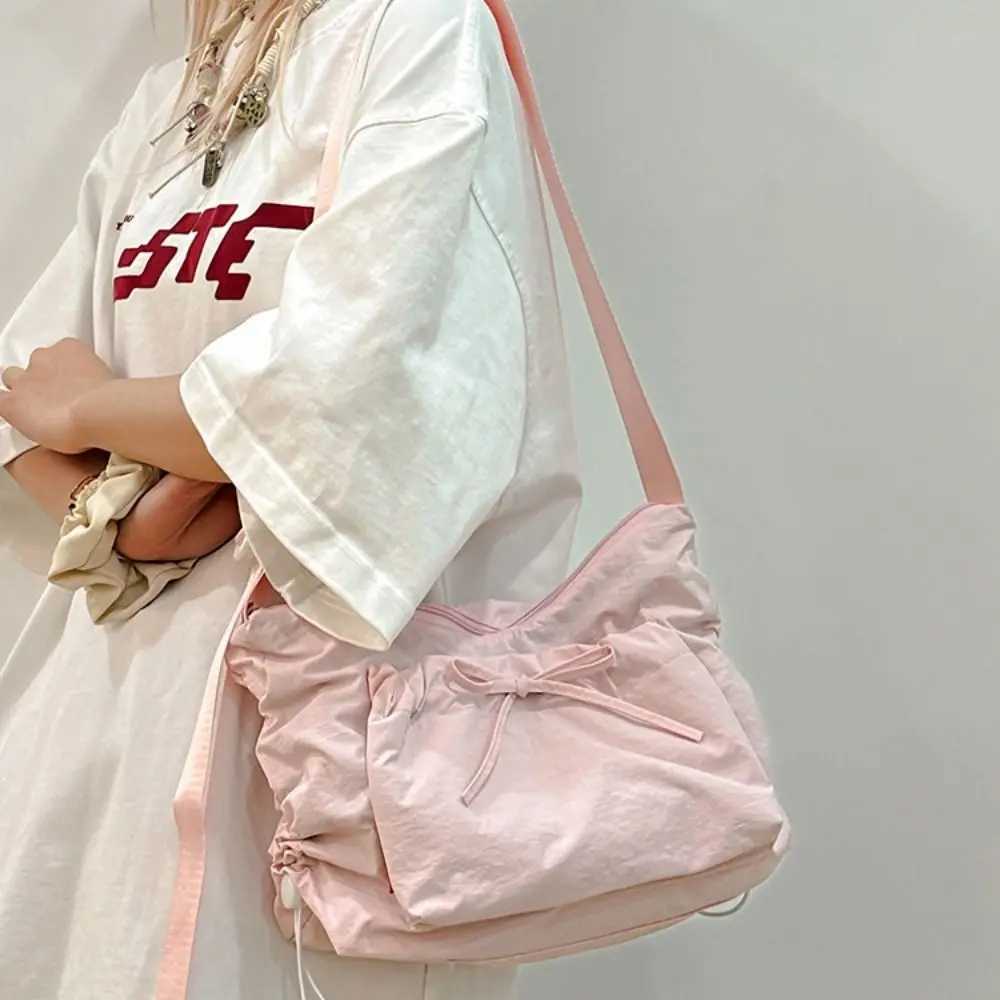 Sweet Korean Style Nylon Shoulder Bag Pleated Oxford Cloth Bow Crossbody Bag Tote Bag Handbag Drawstring Bag for Girls XJ250604