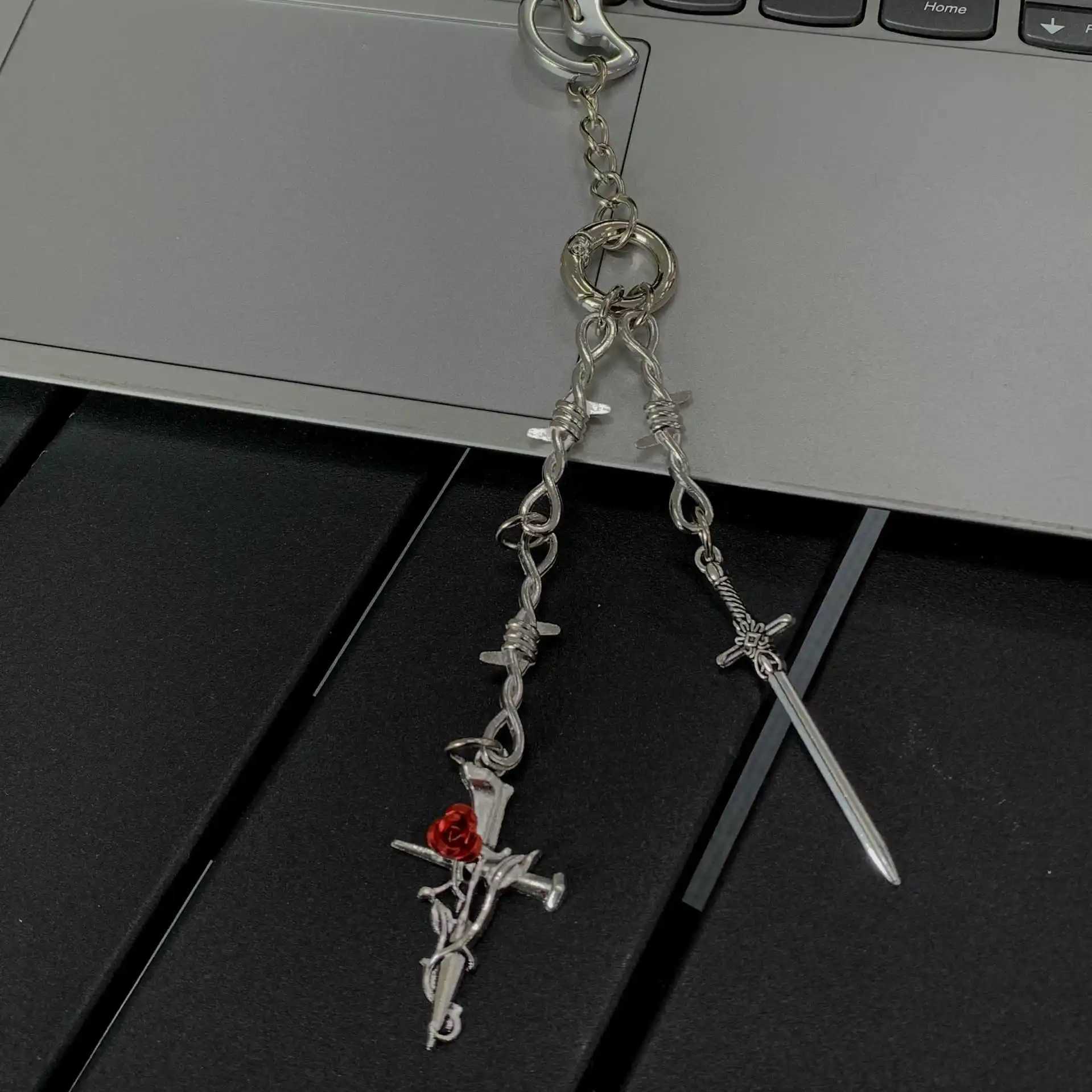 NEW Fashionable Metal Keychain Sword And Rose High-Grade Creative Waist Bag Charm Pendant Accessories Gift W250604