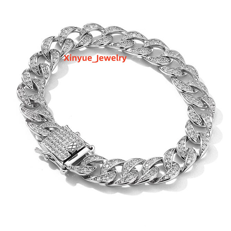 9 Hot Selling Fine Jewelry Light Luxury S925 Sterling Silver 1.2MM D Moissanite Diamond 8MM Cuban Link Chain Bracelet for Men