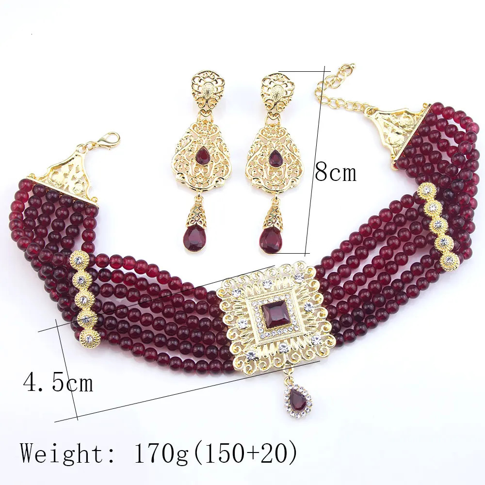 Sunspicems Gold Color Moroccan Beads Chain Choker Necklace Long Drop Earring For Women Arabic Bridal Jewelry Set Square Pendant 250530
