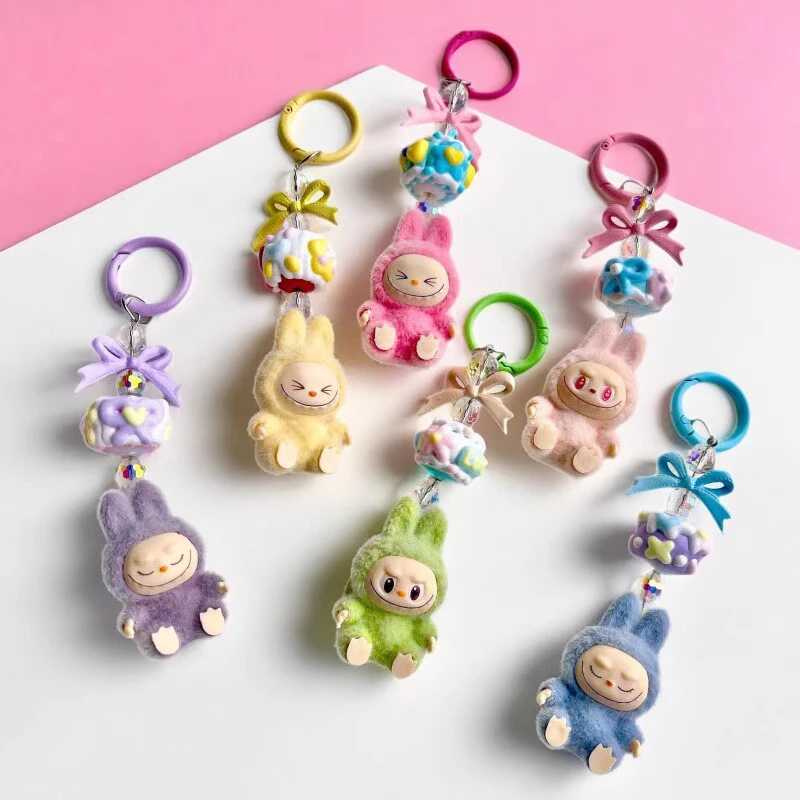 Flocking Labubu Doll Keyring Cell Phone Charm Mini Labubu Keychain The Monsters Box Backpack Pendant Decoration Child Kids Gift M250604