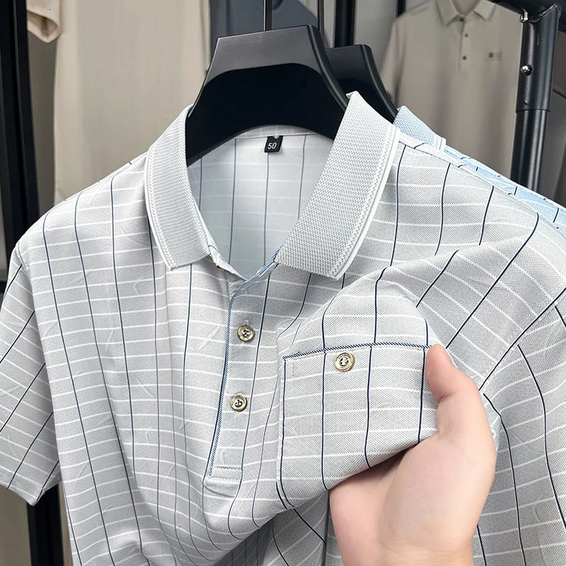 Short Sleeved Tshirt Mens Lapel Ice Silk Plaid Polo Shirt Middleaged Dad Outfit Summer Thin Top Clothing 250604Z