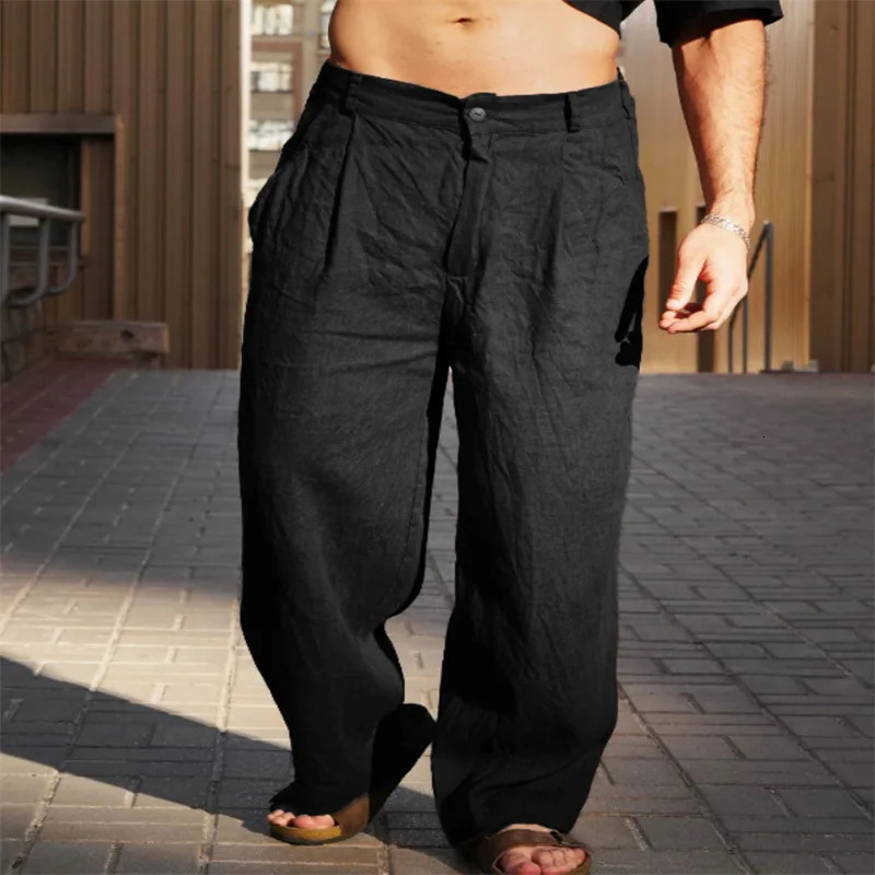 mens linen pleated wide-leg pants for spring and summer with a mid-rise waist breathable jogger pants. streetwear men 250604