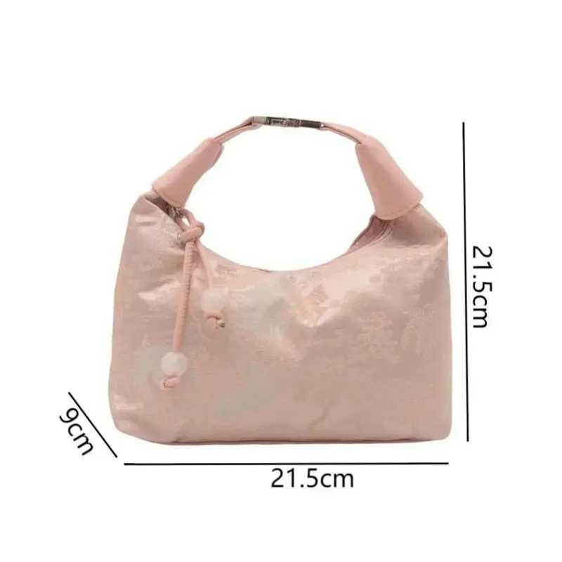 Sweet Elegant Embroidery Shoulder Bag Nylon Texture Pearl Pendant Crossbody Purse Small Bucket Handbag Women Fashion Accessory XJ250604