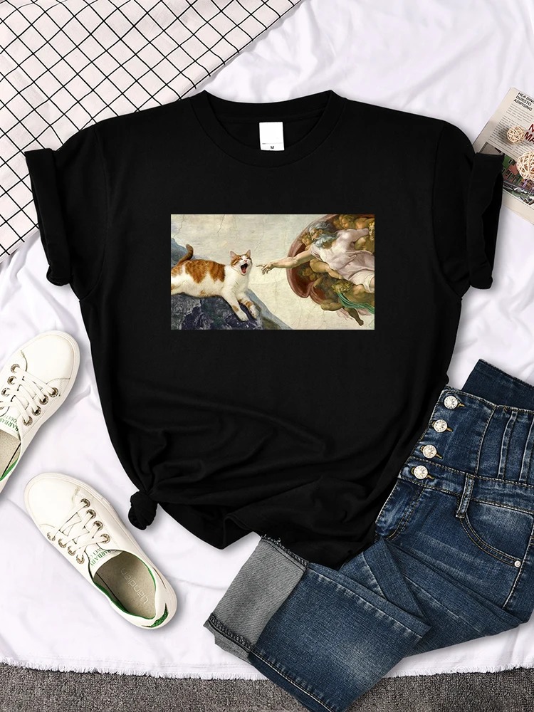 Mona Lisa T Shirts Funny Cat Lovely Cute Printed Designer T-Shirt For Women'S Crewneck Gothic Women Tshirt Casual Oversize Tee Shirts