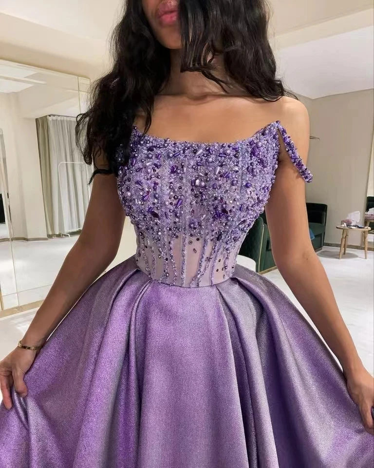 Chic Arabic Purple Glitter Prom Dresses Beaded Satin A-Line Evening Gowns Spaghetti Straps Corset Sequins Pearls Long Birthday Party Dress