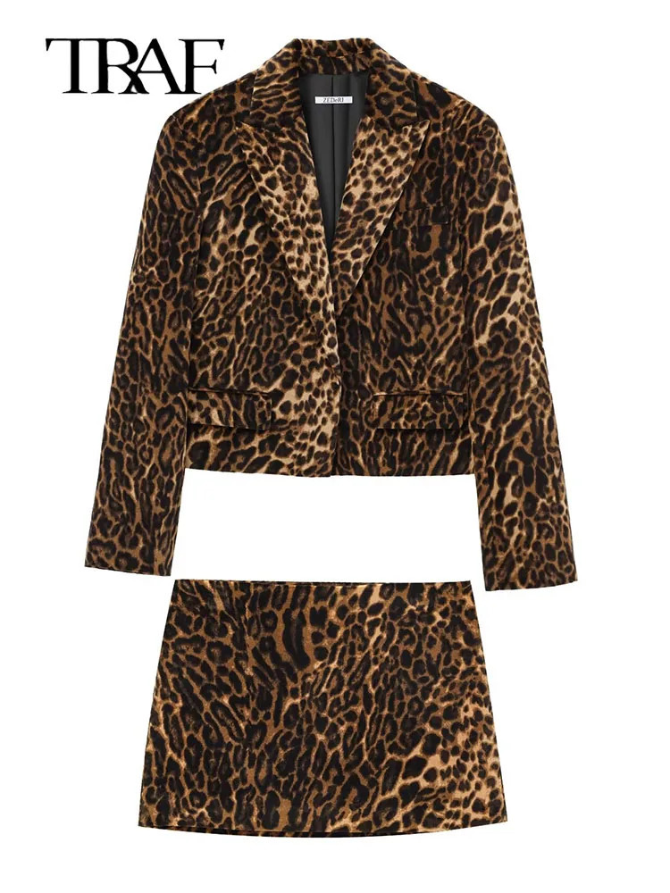 Fashion Long Sleeve Blazers Top Women 2 Pieces Leopard Printed Mini Skirt Sets Suit Two Piece Set Outfit 250604Z