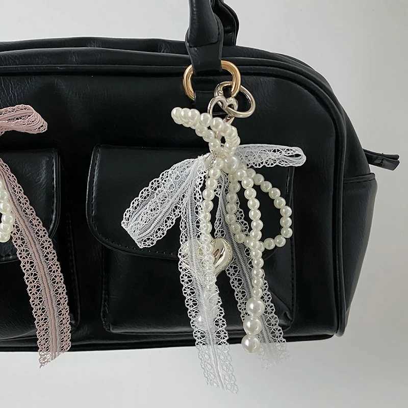 Y2K Sweet Lace Bow Beaded Bow Keychain Phone Charm Strap Pendant for Phone Accessories Bag Hanging Cord for Women Girl Gifts W250604