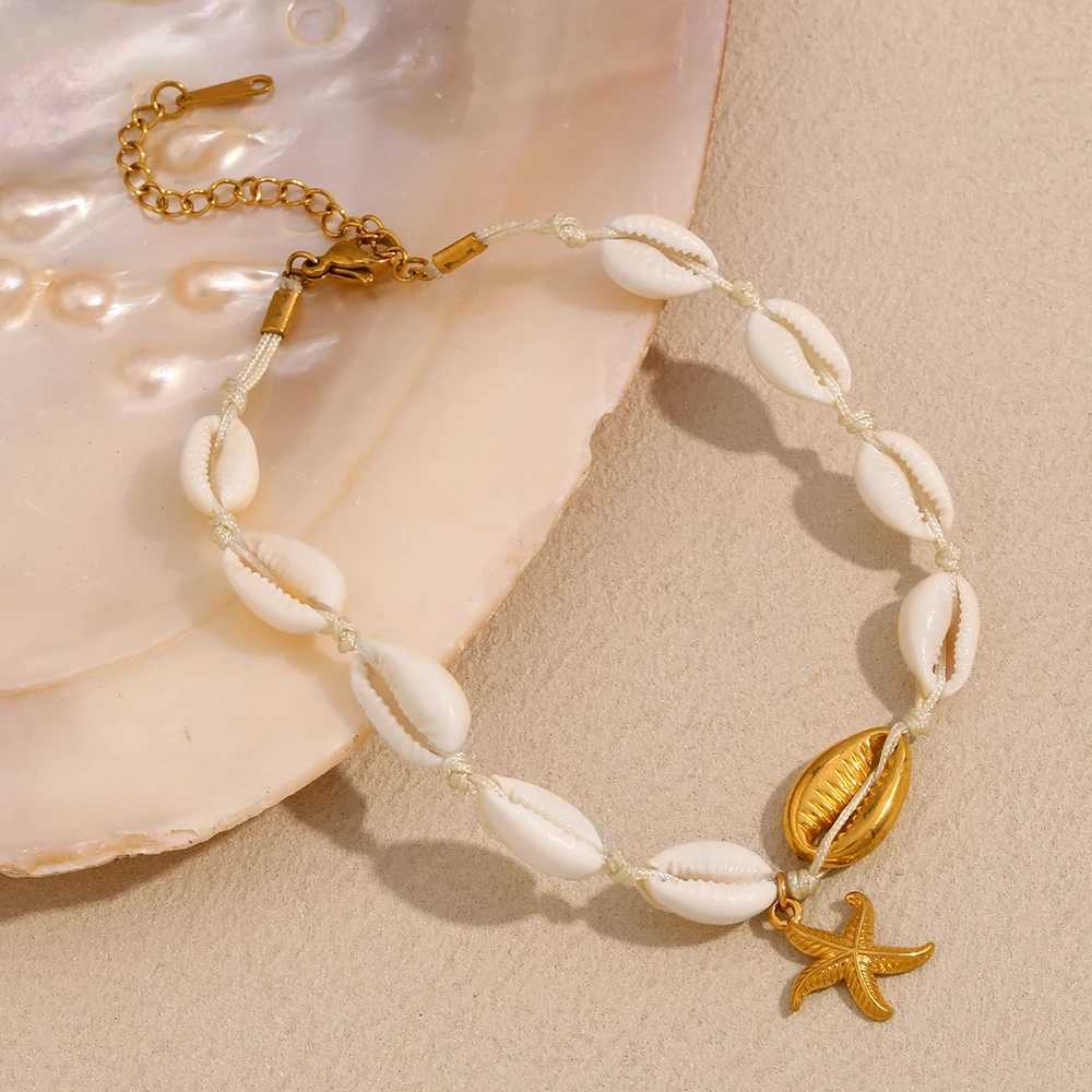 E.B.belle 18K Gold Plated Summer Beach White Shell Starfish Anklet Chain Stainless Steel Hypoallergenic Women Foot Jewelry W250604