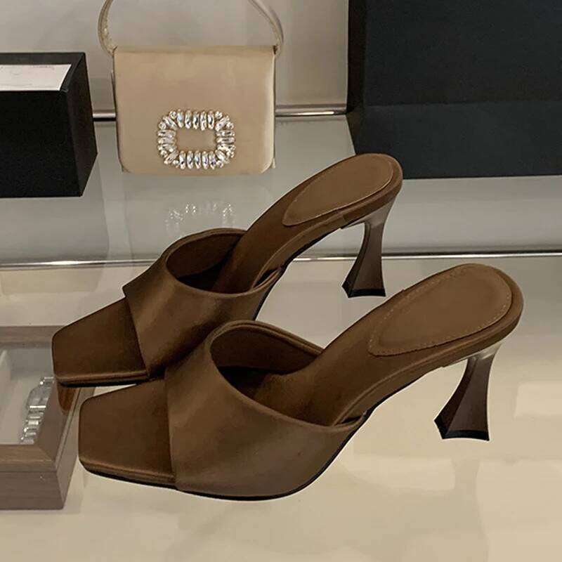 Liyke High Quality Cozy Silk Wide Square Toe Women Slippers Sandals Strange Heels Mules Slides Summer Party Dress Shoes Brown