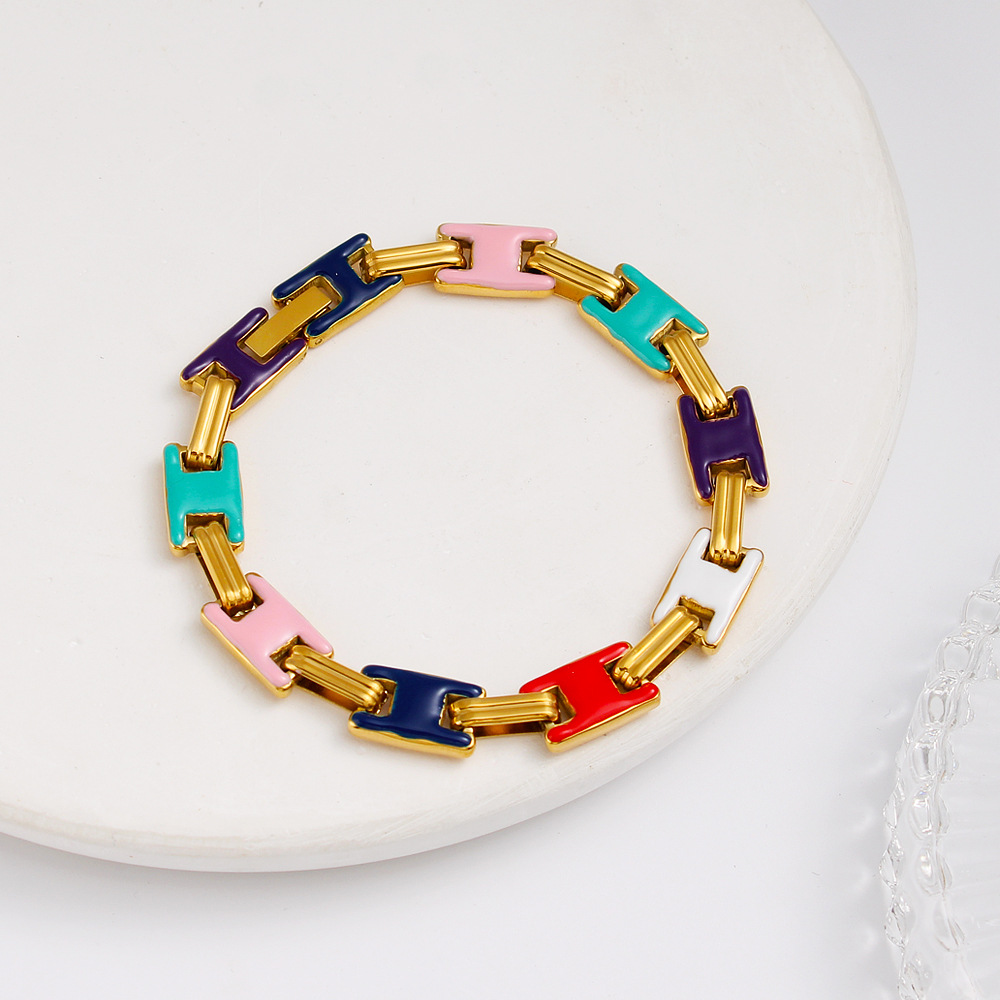 18k Real Gold Plated Colorful Oil Drop Stainless Steel Geometric Chain Necklace Bracelet Jewelry Set