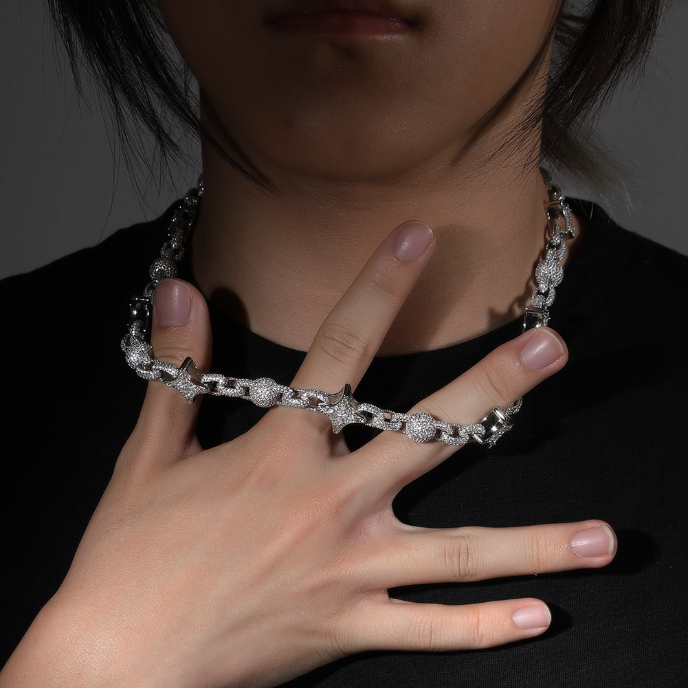Hip Hop Four-pointed Star Flower Beads Infinite Cuban Chain Necklace 5A Zircons Mens Choker Jewelry