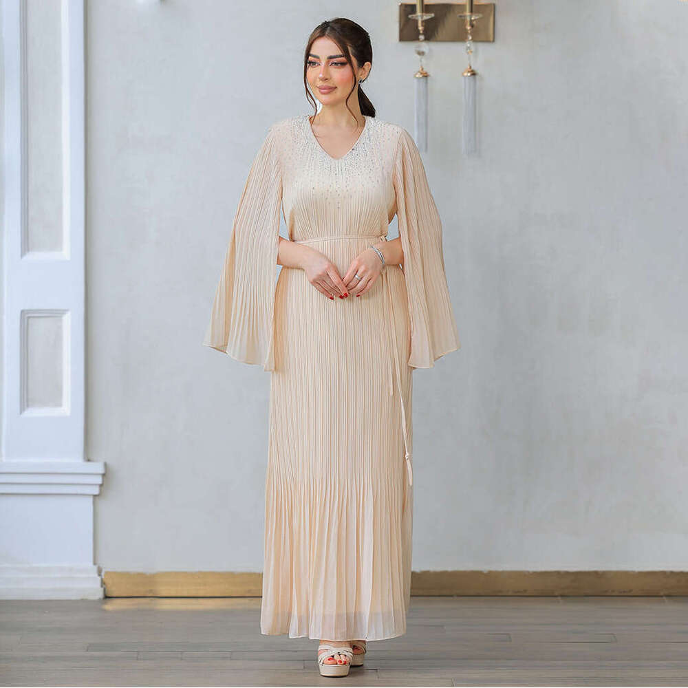 Because0393 Slimming Pleated Women's Dubai Arabic Robe With Rhinestones Evening Dress B5