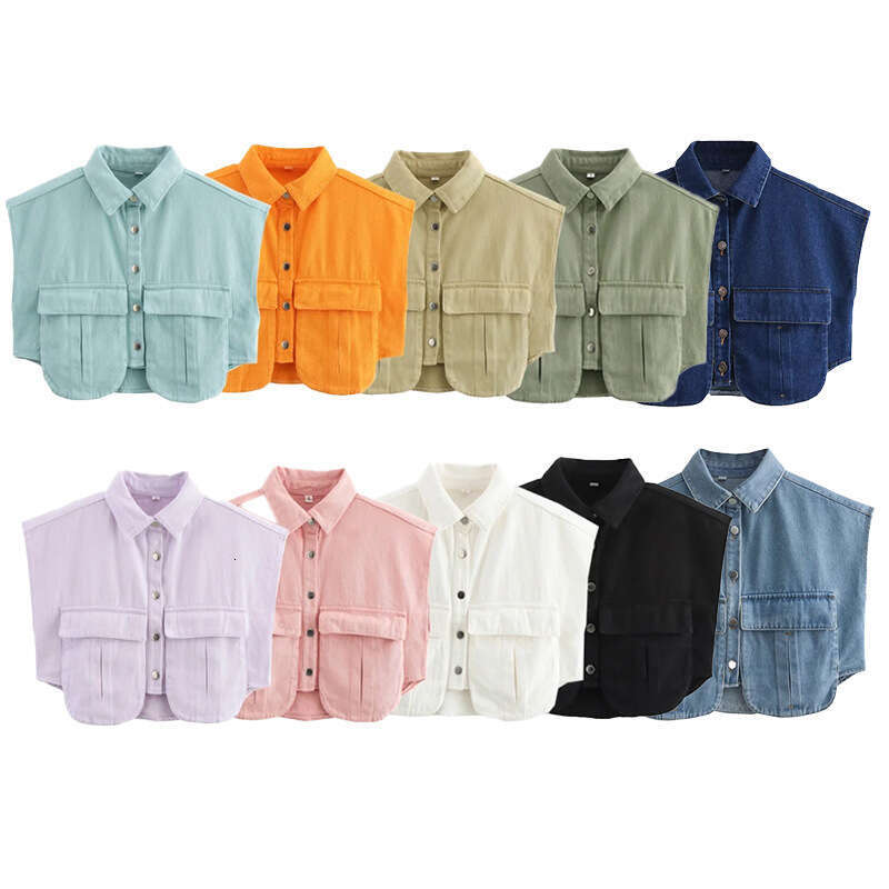 10 Colors Women's Clothing Spring Solid Color Large Pocket Sleeveless Polo Collar Denim Shirt Top For Women B5