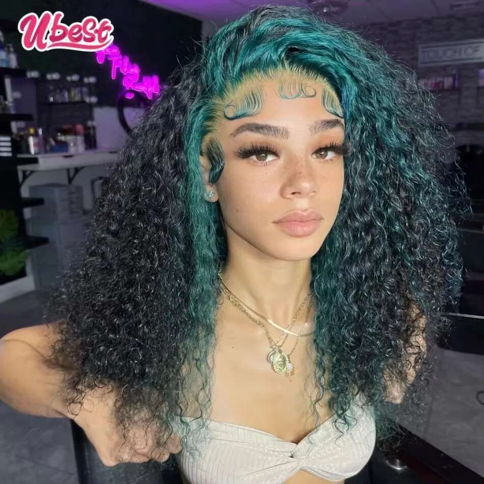 Ubest 13X6 Transparent Front Wigs Curly 100% Human Hair Ombre Dark Green Colored 5X5 Lace Closure Wig Pre Plucked For Women