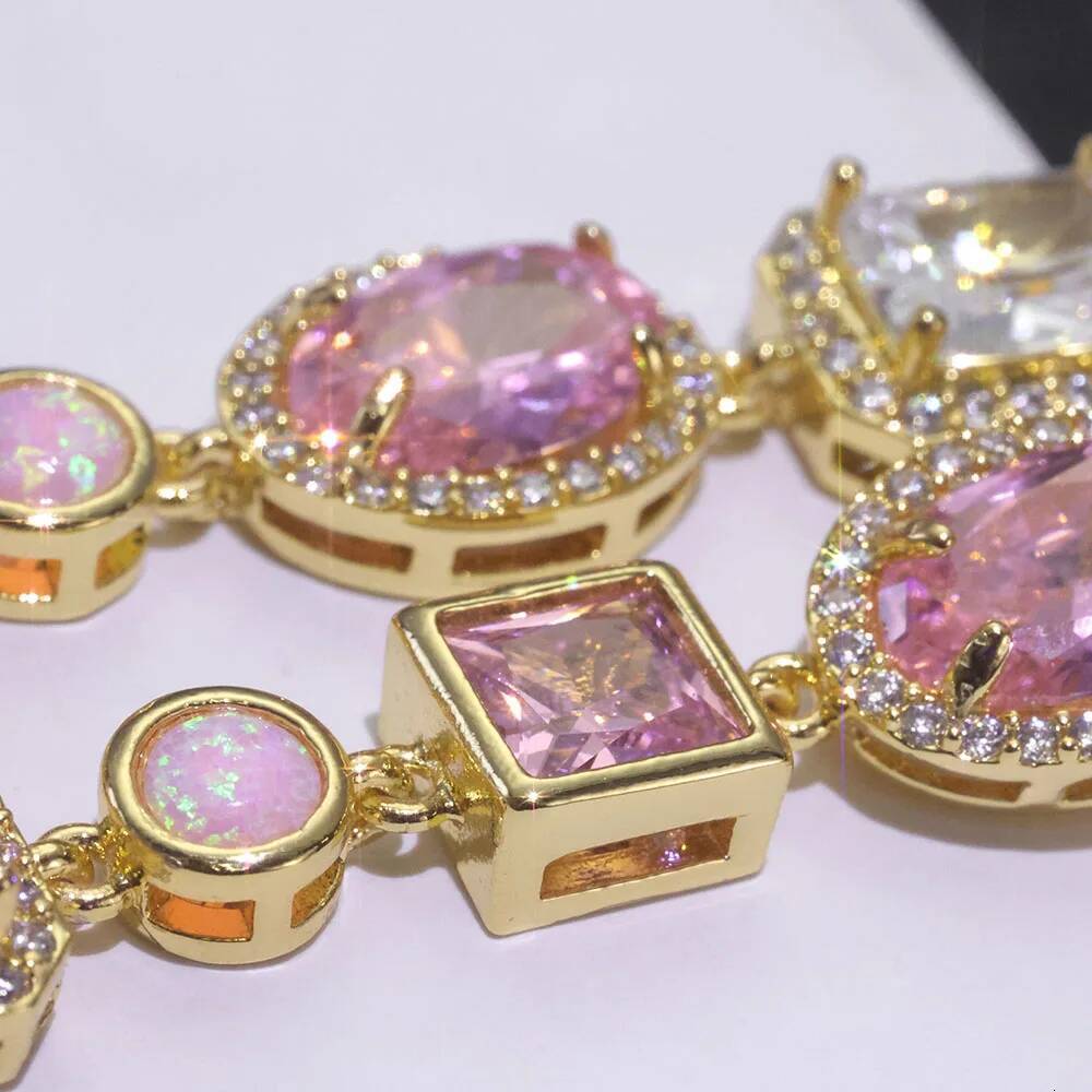 ESKEEM 10mm Opal Custom Bling Pink Cz Stone Sier Gold Plated Necklace Geometric Gemstone Motif Iced Out Link Chain