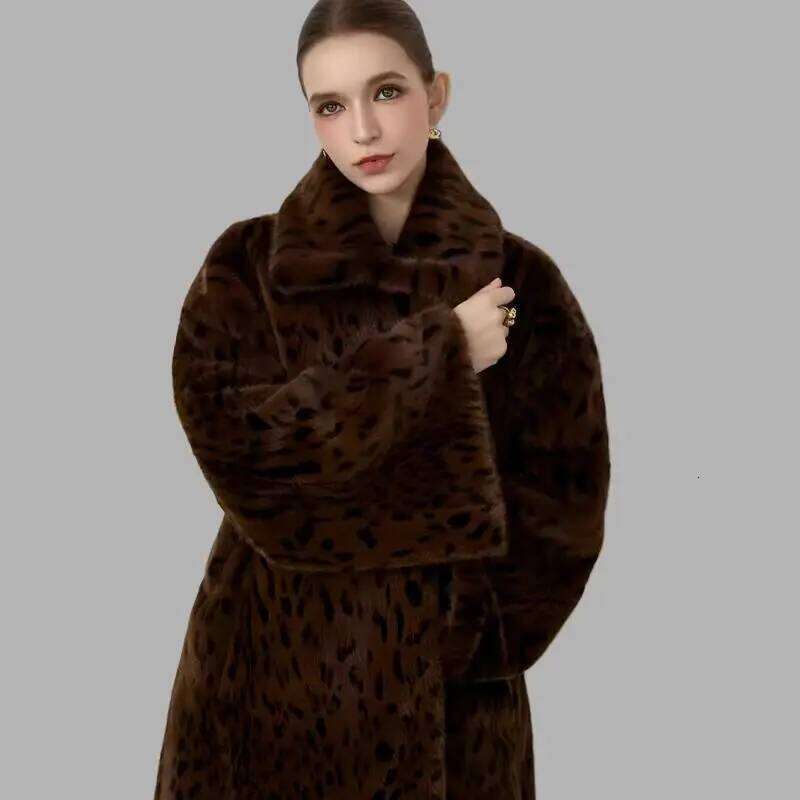 Winter Notched Lapel Collar Leopard Faux Mink Fur Coat Women Retro Tie Bow Sashes Belt Loose Warm England Style Long Outerwear