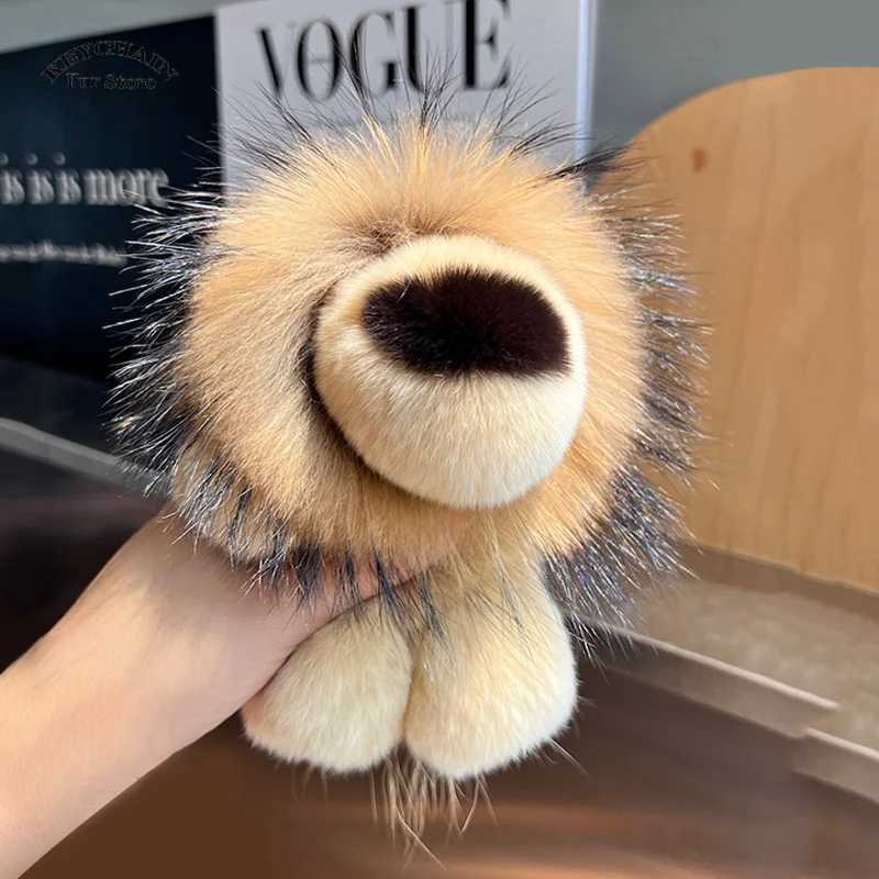 Cute Lion Real Rex Rabbit Fur Keychain Plush Toys Trinkets Women Bag Ornaments Pendant Car Keyring Rearview Mirror Decoration W250604