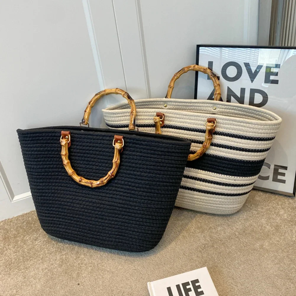 Cotton Woven Handbags Bamboo Handle Women Weaving Bag Large Capacity Striped Portable Casual Fashion Exquisite for Seaside Party 250603