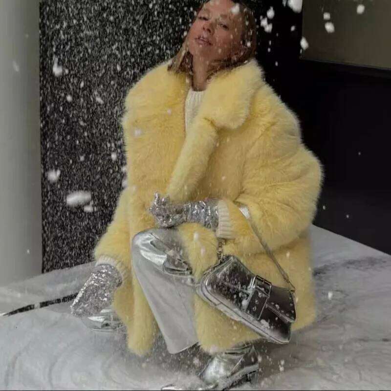 Women Winter Faux Mink Bomber Jacket Yellow Fox Fur Turn Down Collar Suit Coat Flocking Cardigan Plush Tops Fluffy Abrigos