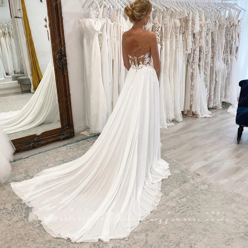 Lace Chiffon A Line Boho Wedding Dress Sweetheart Backless Appliques Court Train Beach Bridal Gown Side Split Long Bride Dress