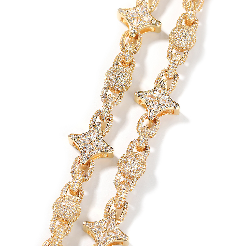 Hip Hop Four-pointed Star Flower Beads Infinite Cuban Chain Necklace 5A Zircons Mens Choker Jewelry