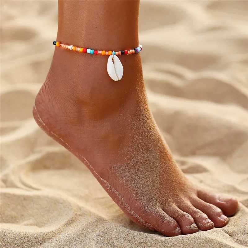 Fashion Colorful Crystal Beads Drop Ankle Bracelet Summer Ocean Beach Cowrie Shell Anklets for Women Foot Leg Bracelet Jewelry W250604