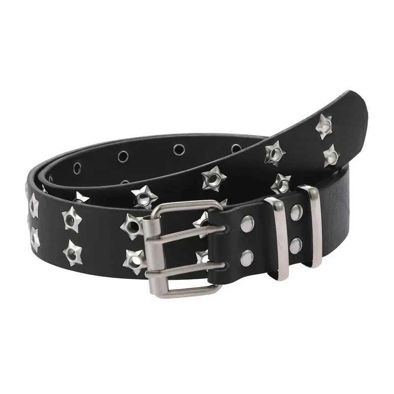 1 PC Star Eye Rivet Belt Goth Style Double Pin Buckle Men Women Fashion Casual Punk Style PU Leather Waistband for Jeans Young W250604