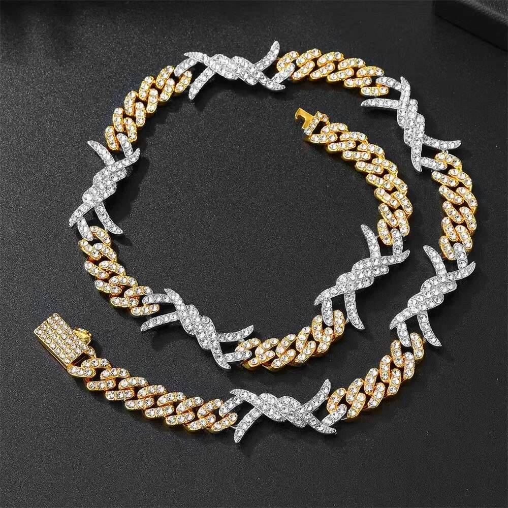 Hip Hop golden Micro Paved Zirconia Iced Out Bling Choker Necklace Men Women Barbed Wire Knot Miami Cuban Link Chain Jewelry 14"