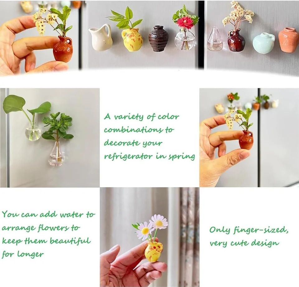 Mini Vase Magnets for Fridge,Plant Vases Refrigerator Magnets,Cute Creative Decoration,Tiny Magnetic Vases Decorative,Small Fridge Accessories Kitchen