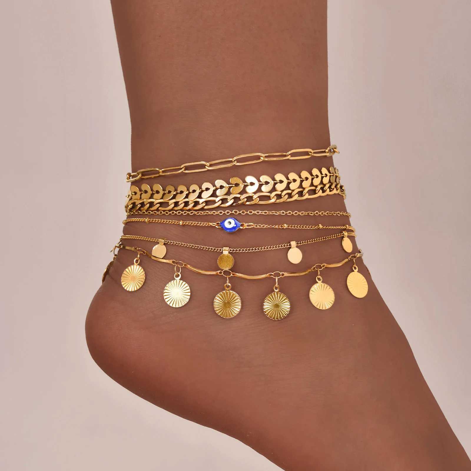 Vnox Charm Anklet For Women Girls Stainless Steel Heart Round Accessories Gold Color Chain Anklet Bracket Summer Beach Jewelry W250604