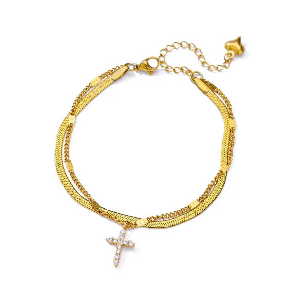 Zircon Cross Anklets For Women Gold Color Stainless Steel Cross Anklet Double Chain Summer Beach Party Jewelry Gift Accessories W250604